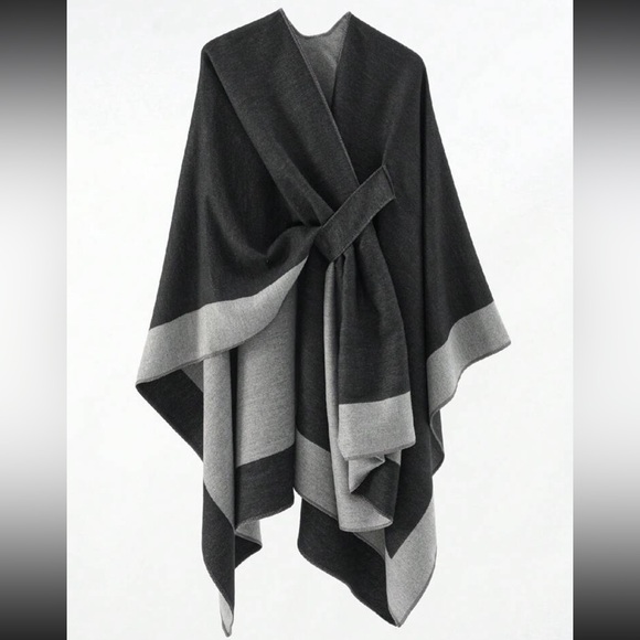 Sweaters - Luxe Comfy Warm Wrap Shawl Stripe Brown Black Two Tone Knitted Cape